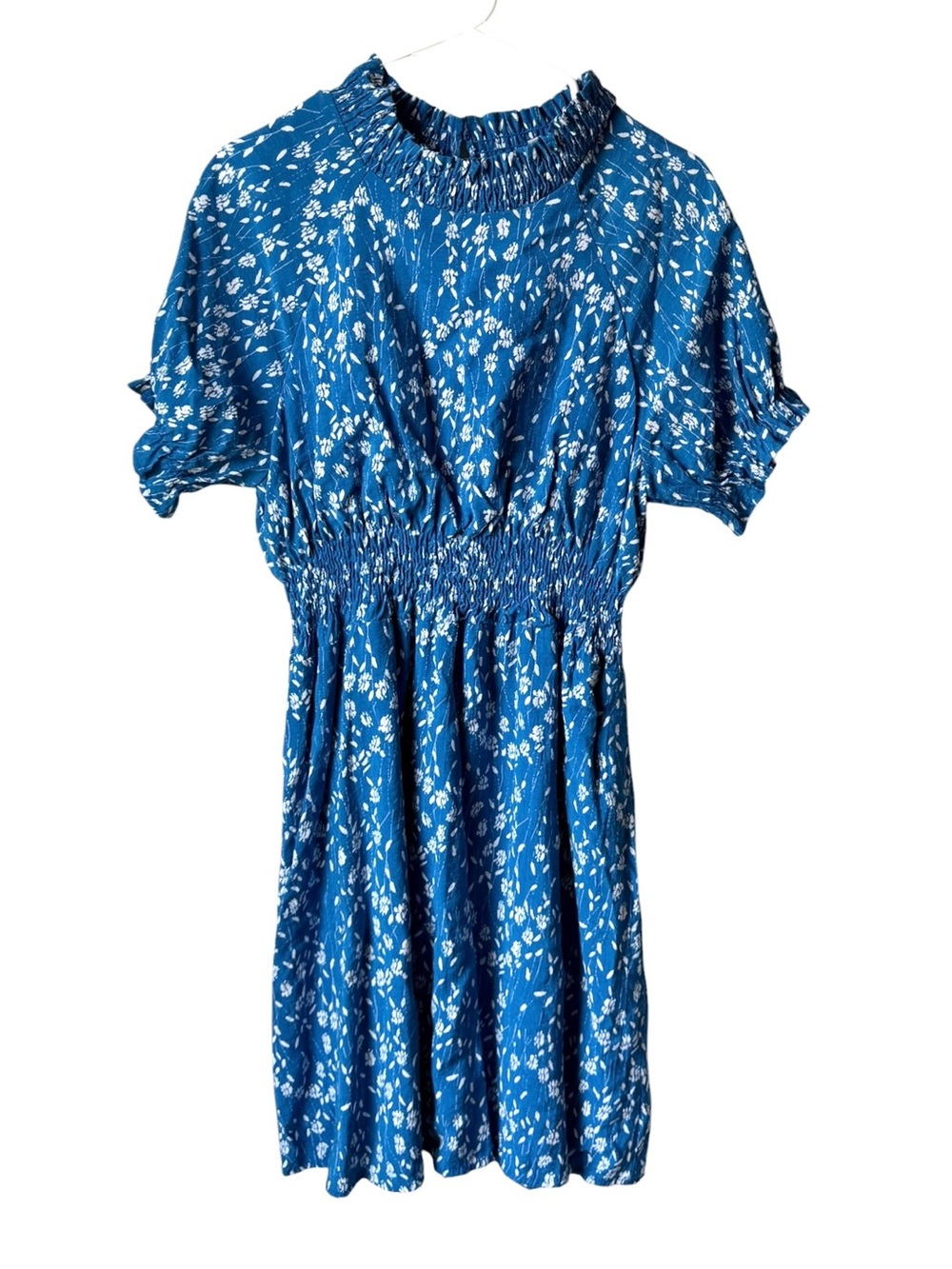Hayden Los Angeles Linen Blend Floral Smocked Mini Dress Large Blue Puff Sleeve - Picture 2 of 8